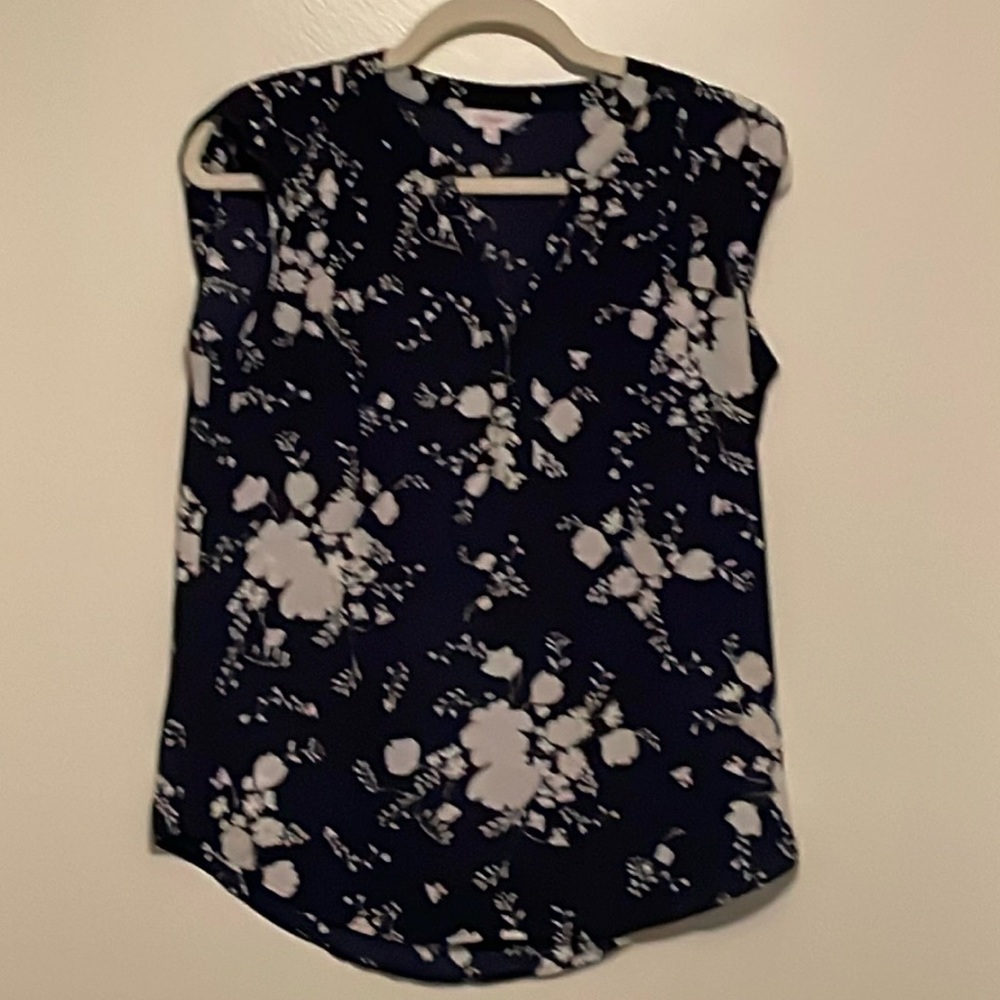 Cap sleeve- small, navy blue and white blouse